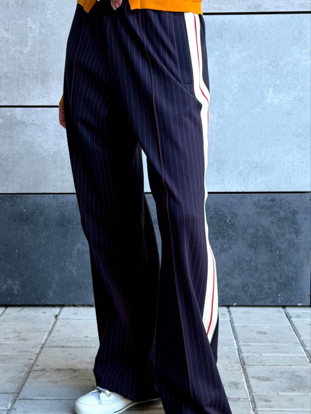 Palm Angels Navy Pinstripe Wide Leg Pants Cream Red Side Stripe Size 40 IT